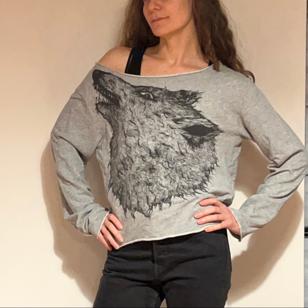 Off the Shoulder Wolf Sweatshirt, Size Small , oversized